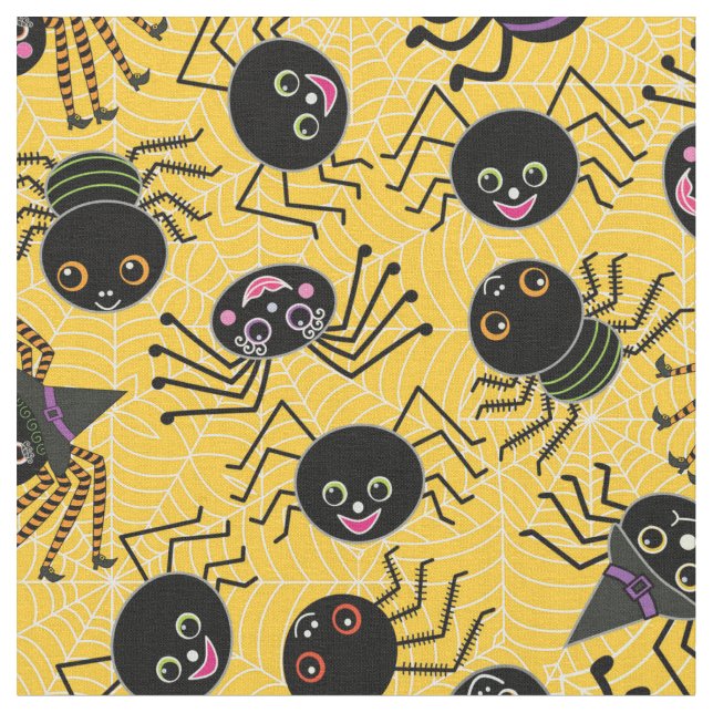 Cute Halloween Spiders Yellow Orange Fabric (Close Up)
