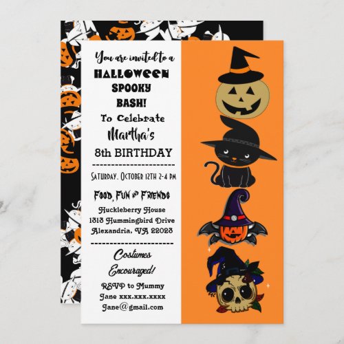 Cute Halloween Spooky Bash Jack Black Cat Birthday Invitation