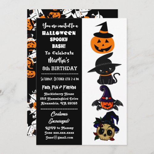 Cute Halloween Spooky Bash Jack Black Cat Birthday Invitation