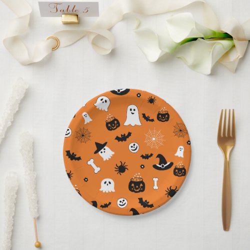Cute Halloween Spooky Ghosts Orange Seamless Patte Paper Plates