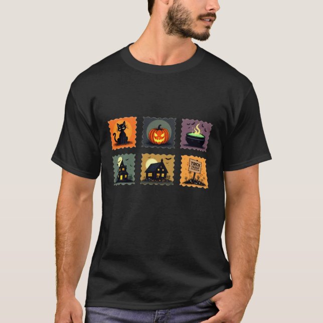 Cute Halloween Stamp, Ghost Pumpkin Cat Skull Tee (Front)