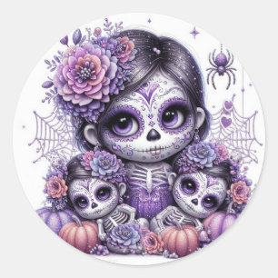 Cute Halloween Sugar Skull Witch Classic Round Sticker