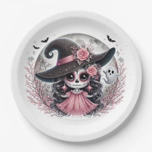 Cute Halloween Sugar Skull Witch Haunted Scene Paper Plates (Front)