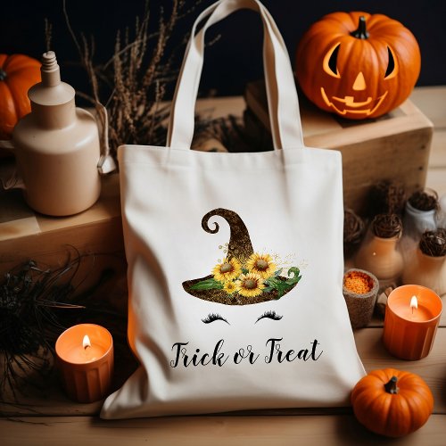 Cute Halloween Sunflower Witch Hat Trick or Treat Tote Bag