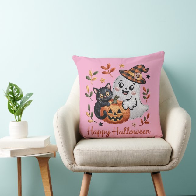 Cute Halloween T-Shirt – Whimsical Embroidery  Throw Pillow (Chair)