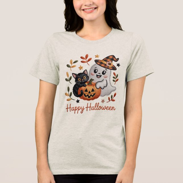 Cute Halloween T-Shirt – Whimsical Embroidery  Tri-Blend Shirt (Front)