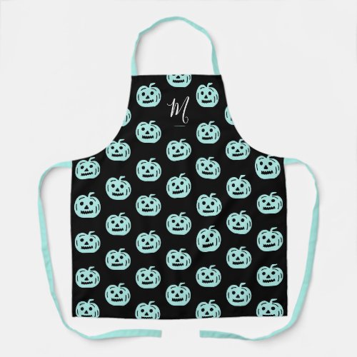 Cute Halloween Teal Pumpkins Monogram Kitchen Apron