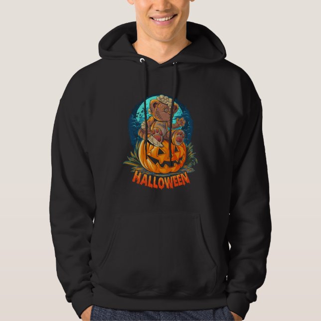 Cute Halloween Teddy Bear Sitting Pumpkin Hallowee Hoodie (Front)
