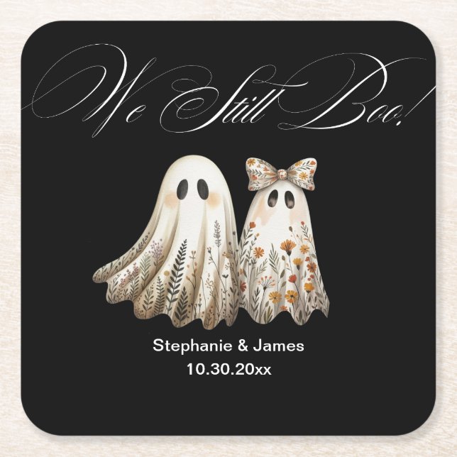 Cute Halloween-Themed Wedding Anniversary Dinner Square Paper Coaster (Front)