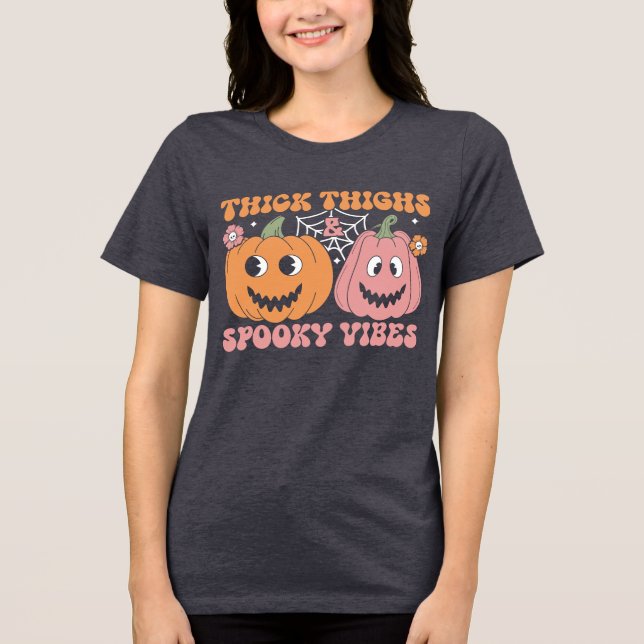 Cute Halloween Thick Thighs Spooky Vibes Pumpkins Tri-Blend Shirt (Front)