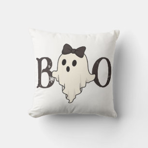 Cute Halloween Throw Pillow – "Boo" Ghost with Bow