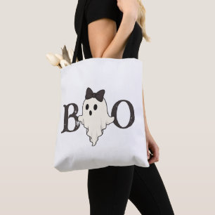 Cute Halloween Tote Bag – "Boo" Ghost with Bow