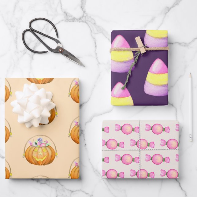 Cute Halloween Trick or Treat Candy Wrapping Paper Sheets (Front)