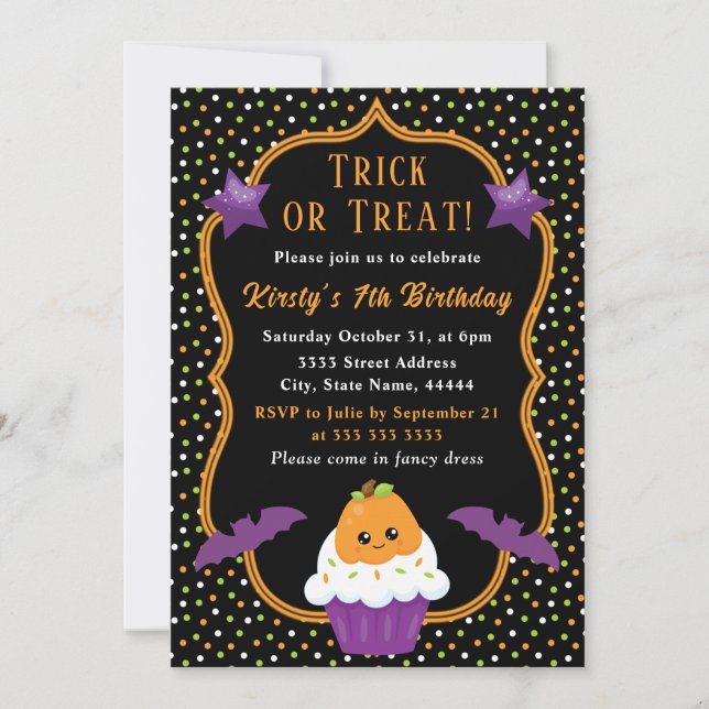 Cute Halloween Trick-or-Treat Cupcake Birthday Invitation (Front)