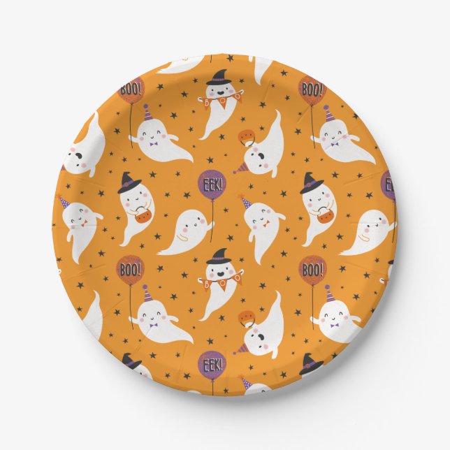 Cute Halloween Trick or Treat Ghosts Paper Plates (Front)