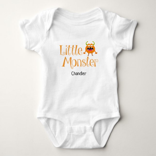 Cute Halloween Trick or Treat Little Monster Name Baby Bodysuit (Front)