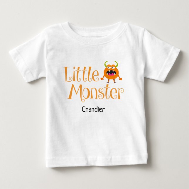 Cute Halloween Trick or Treat Little Monster Name Baby T-Shirt (Front)