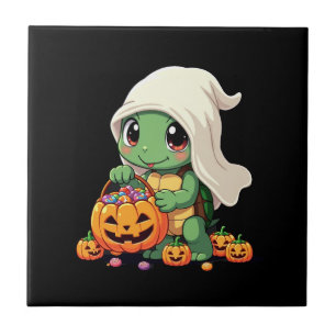 Cute Halloween Turtle Ghost with Candy (3) Ceramic Tile