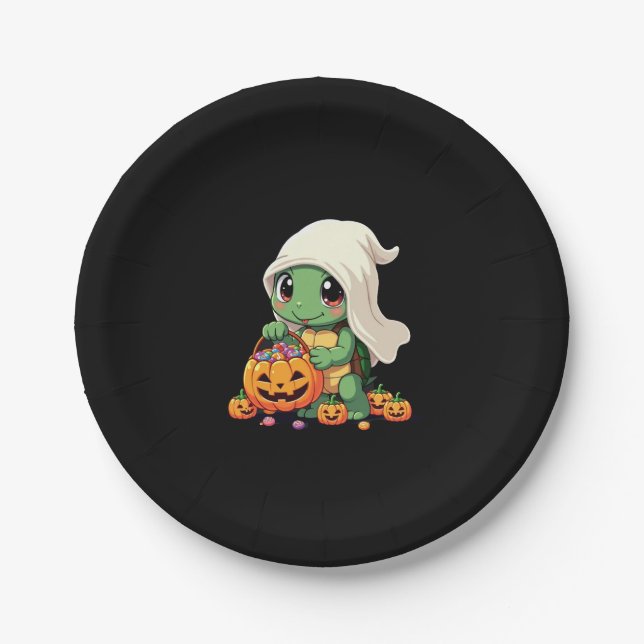 Cute Halloween Turtle Ghost with Candy (3) Paper Plates (Front)
