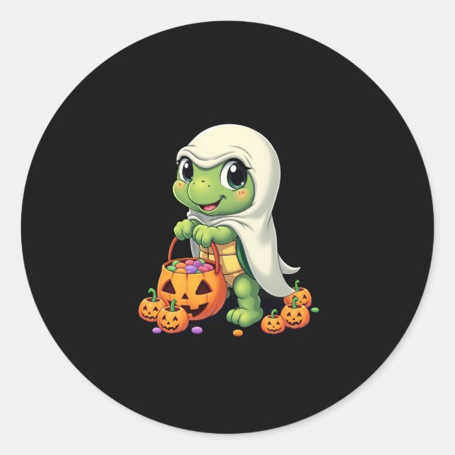 Cute Halloween Turtle Ghost with Candy (4) Classic Round Sticker (Front)
