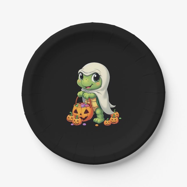 Cute Halloween Turtle Ghost with Candy (4) Paper Plates (Front)