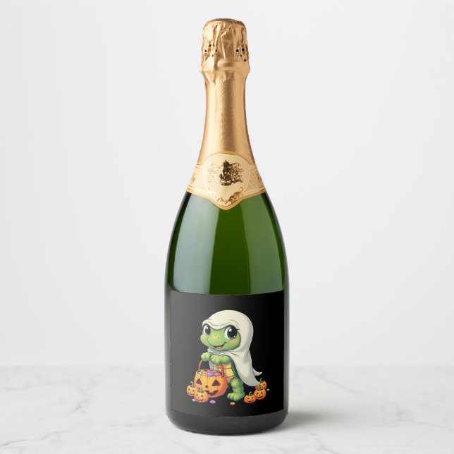 Cute Halloween Turtle Ghost with Candy (4) Sparkling Wine Label (Front)