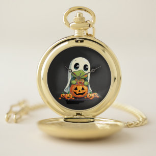 Cute Halloween Turtle Ghost with Candy (5) Pocket Watch