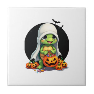 Cute Halloween Turtle Ghost with Candy (7) Ceramic Tile