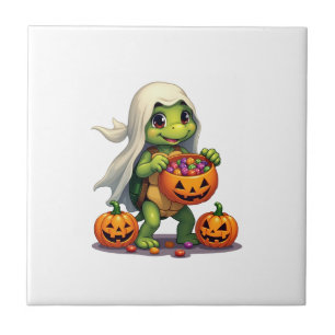 Cute Halloween Turtle Ghost with Candy (8) Ceramic Tile