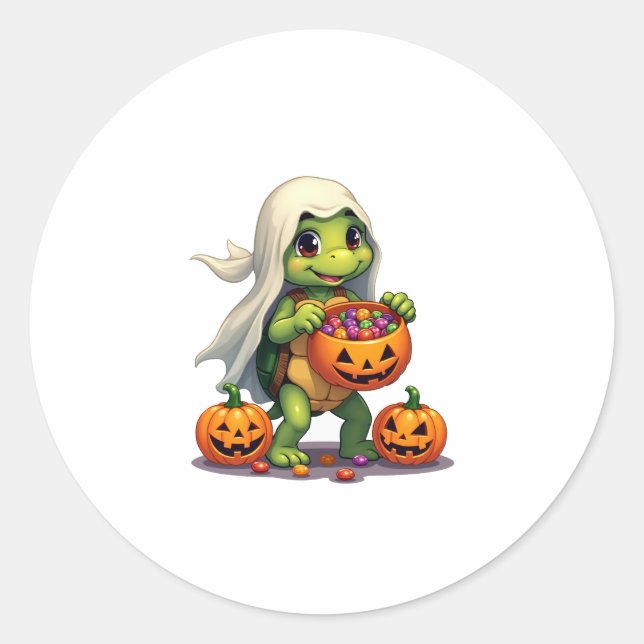 Cute Halloween Turtle Ghost with Candy (8) Classic Round Sticker (Front)