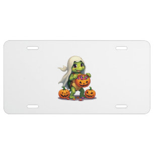 Cute Halloween Turtle Ghost with Candy (8) License Plate