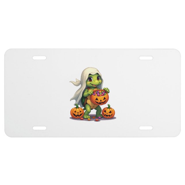 Cute Halloween Turtle Ghost with Candy (8) License Plate (Front)