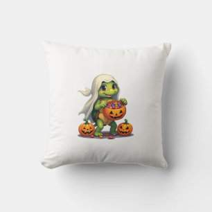 Cute Halloween Turtle Ghost with Candy (8) Throw Pillow