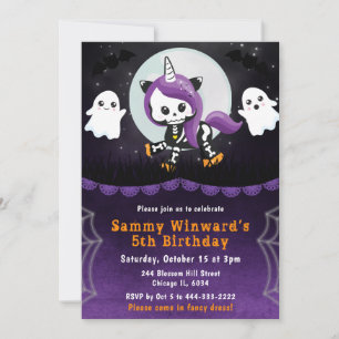Cute Halloween Unicorn and Ghosts Birthday Party Invitation