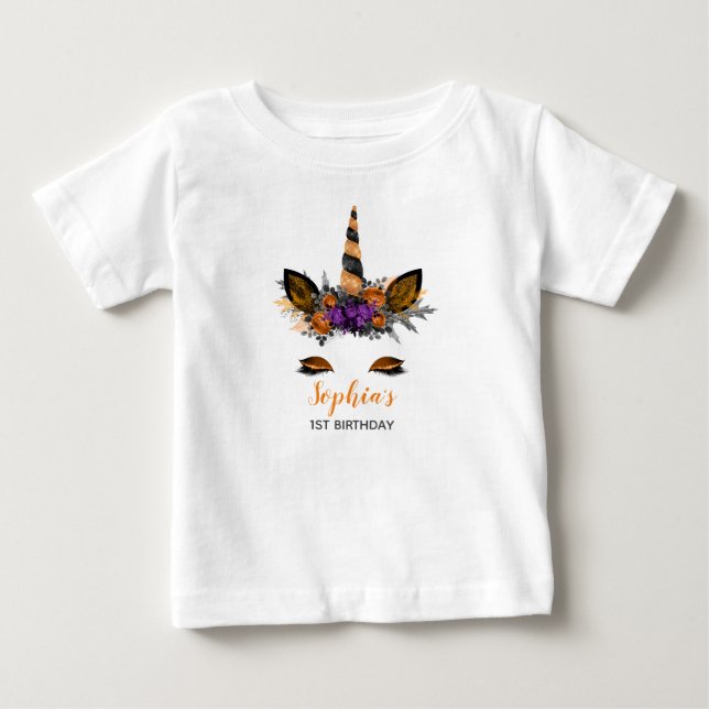 Cute Halloween Unicorn Orang Girl's First Birthday Baby T-Shirt (Front)