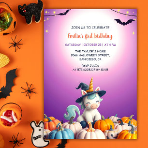 Cute Halloween Unicorn Pumpkins Girl 1st Birthday Invitation