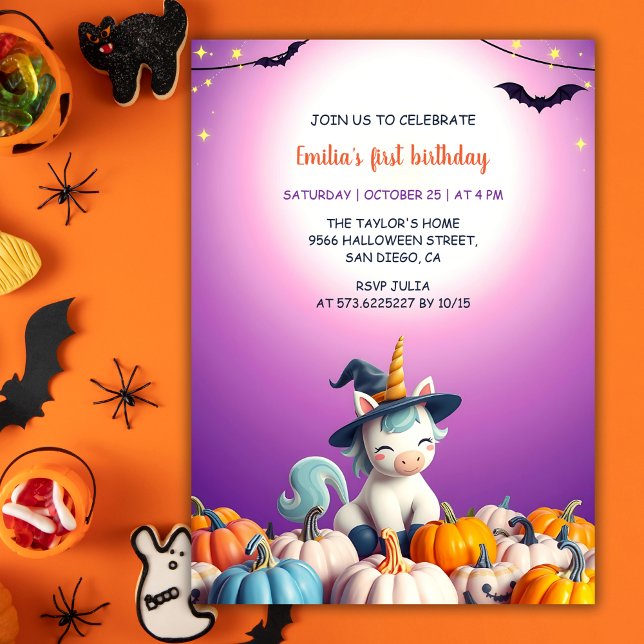 Cute Halloween Unicorn Pumpkins  Girl 1st Birthday Invitation (Halloween Unicorn First Birthday Invitation for Girls)
