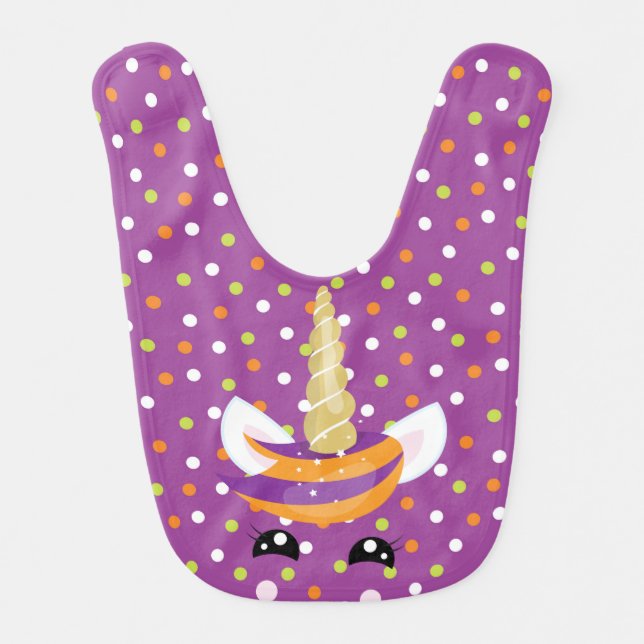CUTE HALLOWEEN UNICORN WITH PURPLE ORANGE GREEN BABY BIB (Front)
