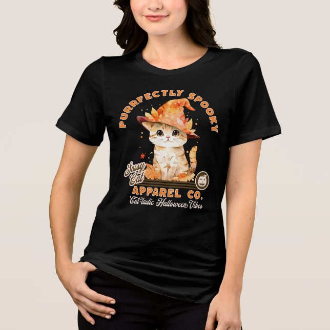 Cute Halloween Vibes Kitty Witch Hat Purrfect Tri-Blend Shirt (Front)