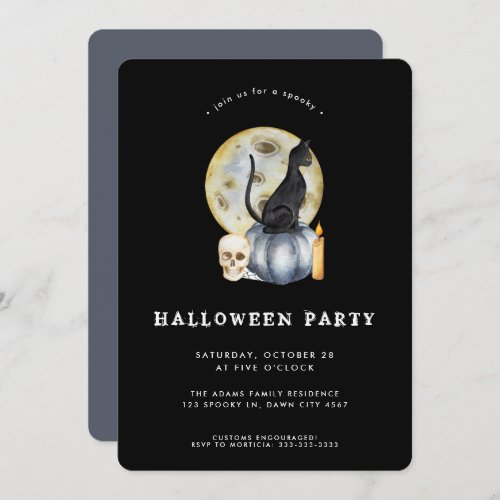 Cute Halloween Watercolor Cat Moon Party Invitation