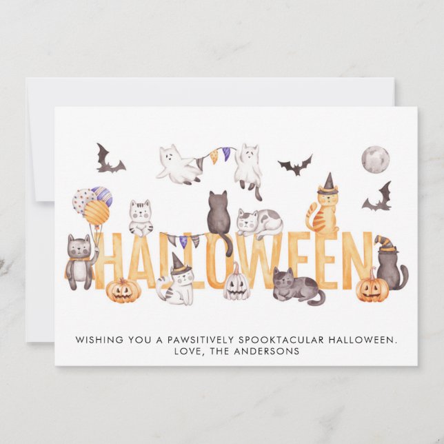Cute Halloween Watercolor Cats Personalized Holiday Card (Front)