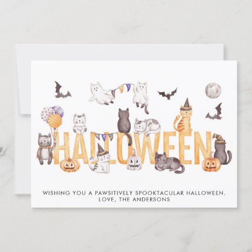 Cute Halloween Watercolor Cats Personalized Holiday Card