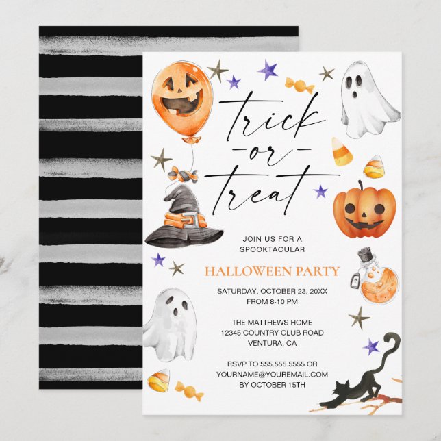Cute Halloween Watercolor Party Invitation (Front/Back)