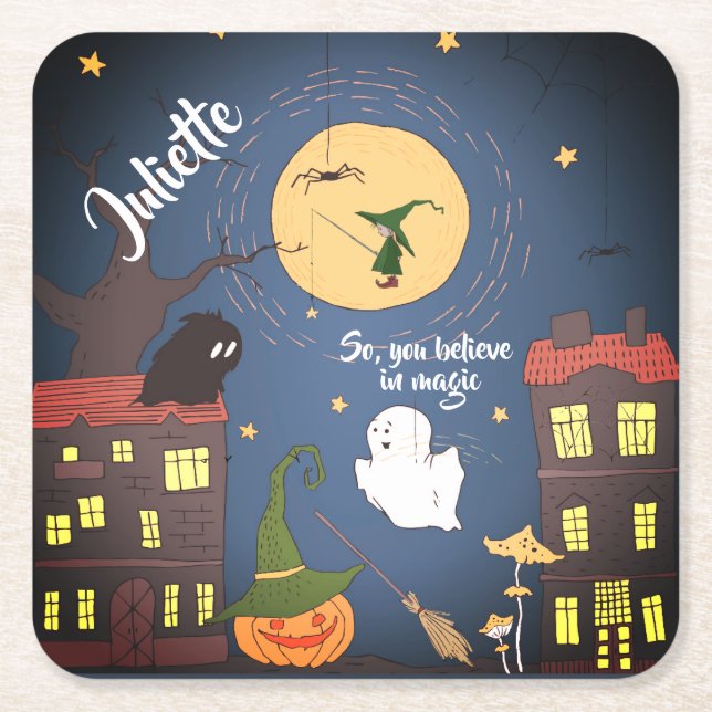 Cute Halloween Watercolor Personalized  Square Paper Coaster (Front)