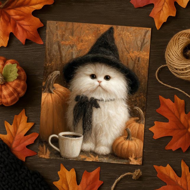 Cute Halloween White Cat Witch with Coffee Cup Postcard (Creator Uploaded)