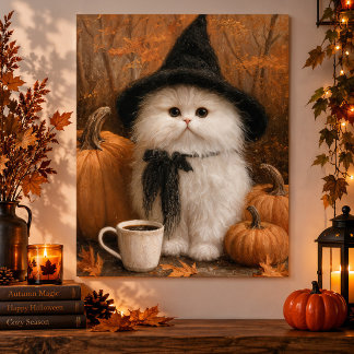 Cute Halloween White Cat Witch with Coffee Cup Poster