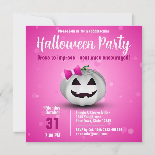 Cute Halloween White Pumpkin Pink Girly Invitation (Front)