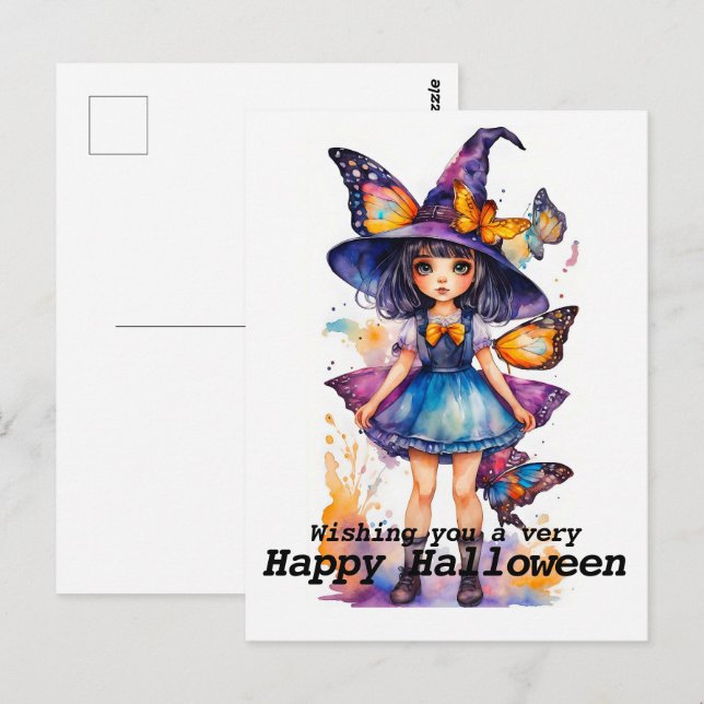 Cute Halloween Witch and Butterflies Postcard (Front/Back)