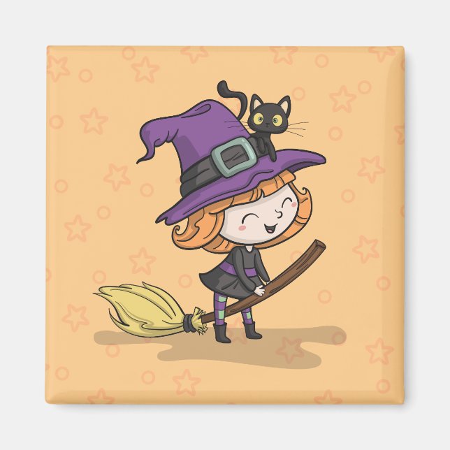 Cute Halloween Witch and Cat | Magnet (Front)