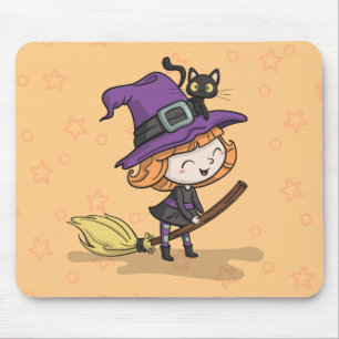 Cute Halloween Witch and Cat   Mousepad